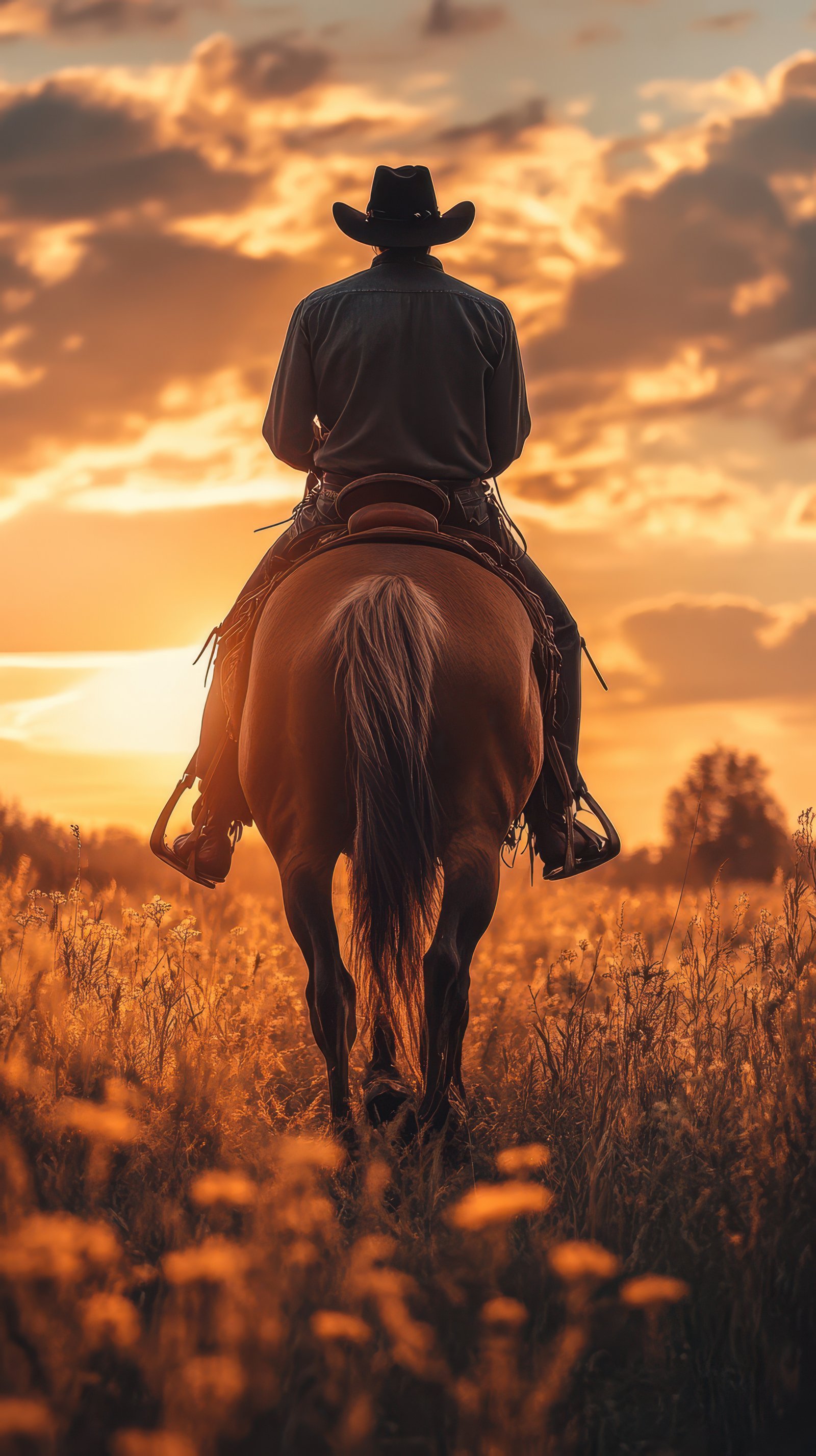 Cowboy riding a horse against a vibrant sunset in a golden field during late afternoon